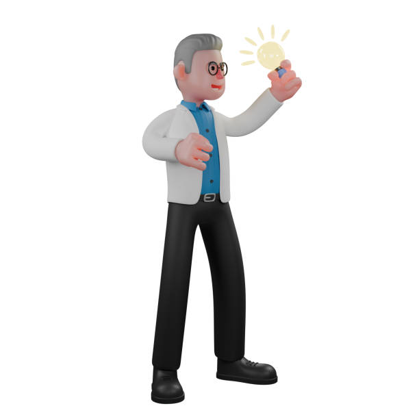 istock Male Laboratory Physicist 3D . A male physicist stands holding a lighted lamp in his left hand. Professional Illustration 2177872037