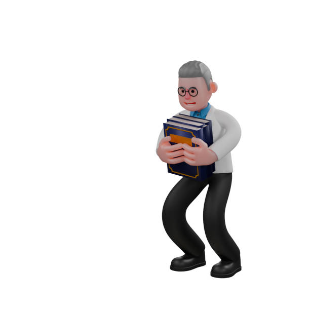 istock 3D Male Physicist Character . A male physicist is bending over while hugging 4 books with both hands. Science Professional 2177872043