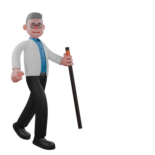 istock Professional 3D Male Physicist. A male physicist walks holding a cane in his left hand. physics Character 2177872115
