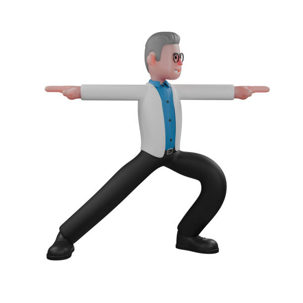 istock Professional Physics Male. A male physicist doing the Warrior 2 pose, with his legs spread wide and his arms straight and parallel. 3D Physicist Illustration 2177873833