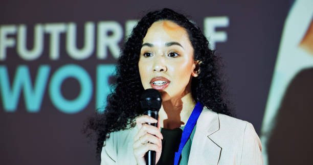 istock Stage, speaker and woman at seminar on business transformation, growth or development ideas. Technology, social change and presenter at future of work conference for discussion, planning and progress 2177876080