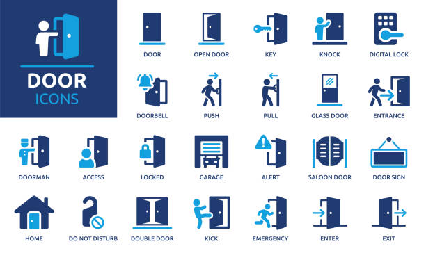 Containing enter, exit, doorbell, knock, open door, home, closed door, pull and push symbol. Solid icons vector collection.