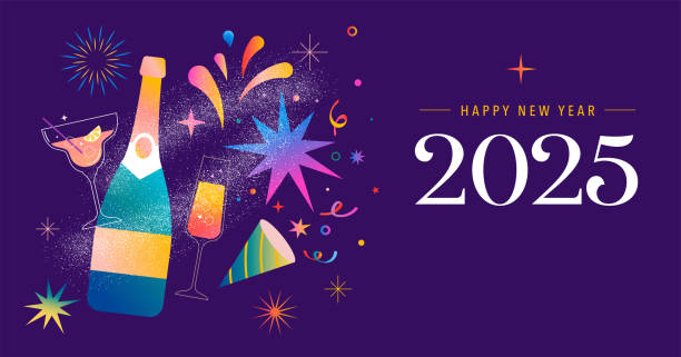 Happy New Year 2025, New Year background, banner, poster design. Modern vibrant illustration, concept design with Christmas decorations, confetti, champaign bottle and fireworks Happy New Year 2025, New Year background, banner, poster design. Modern vibrant illustration, concept design with Christmas decorations, confetti, champaign bottle and fireworks. Vector design with color gradients. new years eve party stock illustrations