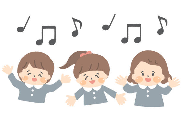 Illustration of children singing together and musical notes Illustration of children singing together and musical notes. japanese boy uniform cartoon stock illustrations