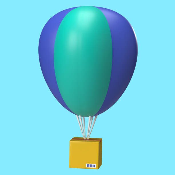istock 3D illustration of yellow box parcel fly with blue air balloon. 2177881413
