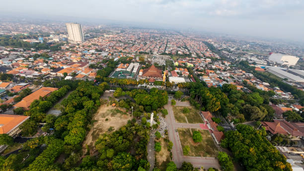 istock A city view from above with a large building in the background 2177887789