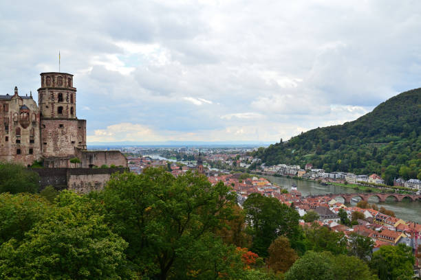 Gaze at the stunning skyline of Heidelberg adorned with vibrant rooftops in summer splendor.