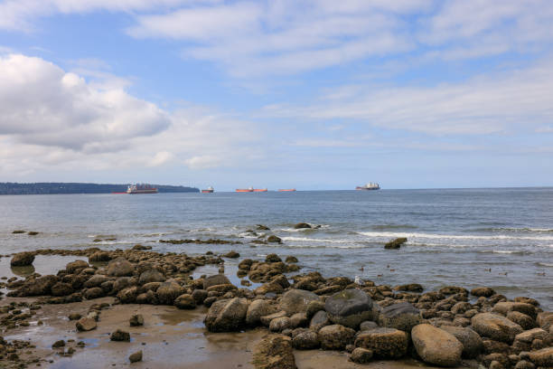 anchored cargo ships in burrard inlet, Vancouver