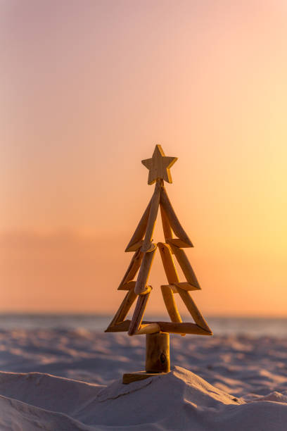 istock Rustic timber Christmas Tree with star on beach sand 2177897056