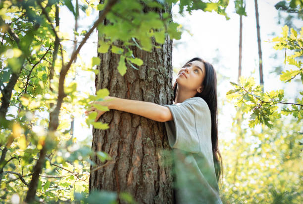 istock Young woman embracing a tree while enjoying nature in a sunlit forest during summer 2177898472