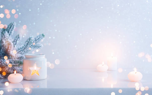 istock Christmas table background with snowy fir branches, lantern and burning candles 2177901794