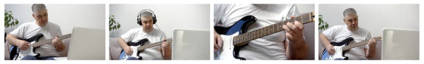 A set of photos showing a man learning to play guitar at home, practicing different chords and techniques during guitar lessons.