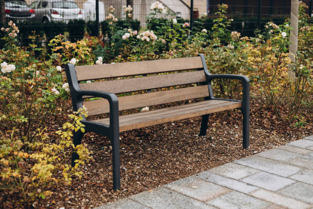 istock A modern wooden bench with trash bin standing in the park. Comfortable bench in recreation area. City improvement, urban planning, public spaces. 2177914317
