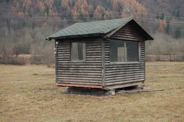 A close-up view of a traditional wooden log cabin corner, revealing natural wood textures and vintage craftsmanship. The image captures the rustic charm and timeless beauty of logs naturally weathered by time.