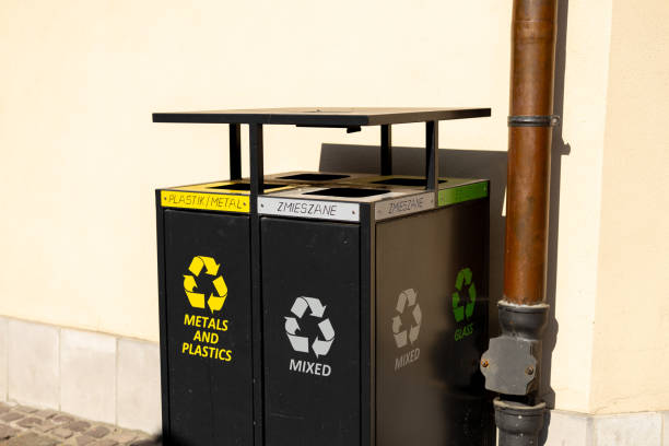 istock Recycling concept. Colored bins for different garbage. Waste management banner. Waste segregation. Modern colorful refuse bins for separate trash. Environmental consciousness lifstyle. 2177914778