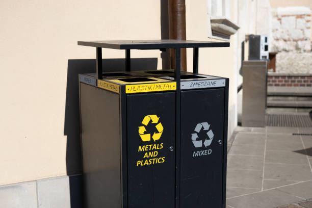 istock Recycling concept. Waste management banner. Waste segregation. Separation of waste. Sorting waste for recycling. Modern colorful refuse bins for separate trash. Environmental consciousness lifstyle. 2177914797