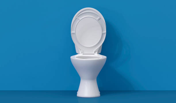 istock White toilet bowl with lid open on blue background 2177925050