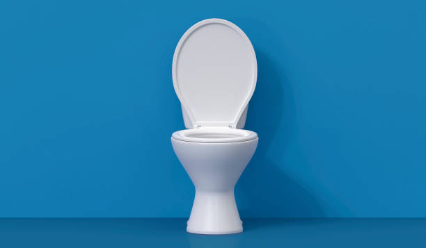 istock White toilet bowl with lid open on blue background 2177925056