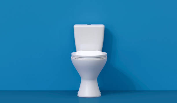 istock White toilet bowl with lid open on blue background 2177925061