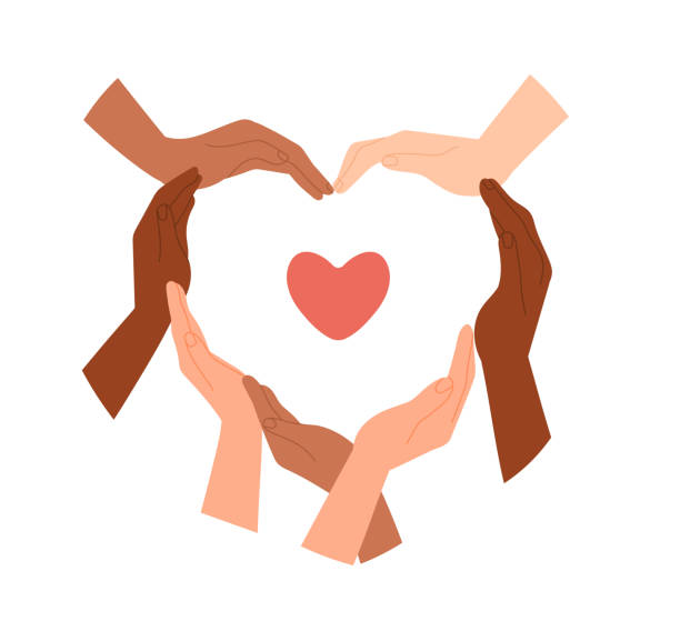 Diverse hands gestures. Palms of multiracial people form heart shape. Symbol of altruism, love, volunteerism and support. Charity and care. Flat vector illustration Diverse hands gestures. Palms of multiracial people form heart shape. Symbol of altruism, love, volunteerism and support. Charity and care. Flat vector illustration isolated on white background unity-clipart stock illustrations