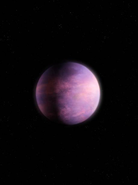 Alien purple planet in space with stars. Realistic extrasolar world with atmosphere. Exoplanet on a black background isolated.