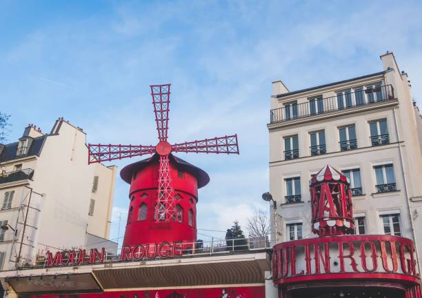 Paris, France – January 18, 2019: View of the top of the Moulin Rouge from the street.