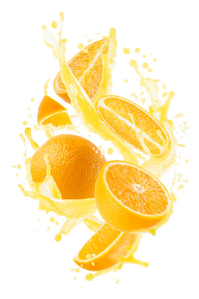 istock Orange pieces with yellow orange juice, drops, splashes, flows fly on white background, isolated. Summer fresh fruits, drink for advertising, label product, branding, flyer, card, poster, design. 2177934244