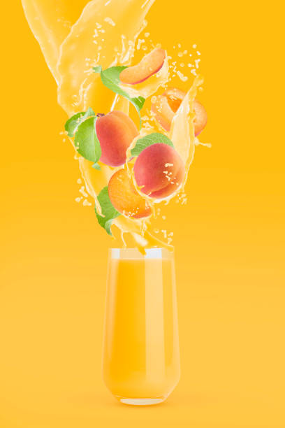 istock Peach juice pouring in drinking glass, peach pieces, drops, splashes, flows levitate on orange background. Healthy fruits for advertising, label product, branding, flyer, card, poster. 2177934252
