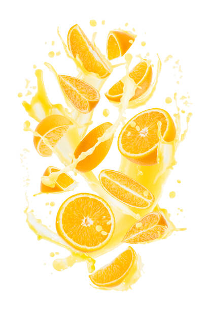 istock Orange pieces with orange juice, drops, splashes, flows levitate on white background, isolated. Healthy exotic fruits, beverage for advertising, label product, branding, flyer, card, poster, design. 2177934394