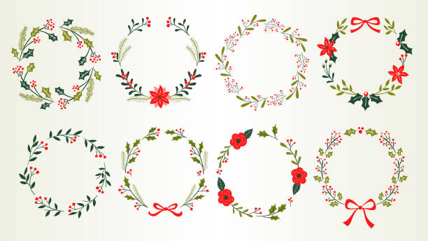 ilustrações, clipart, desenhos animados e ícones de coleção de guirlandas florais de natal - arranjo de flores