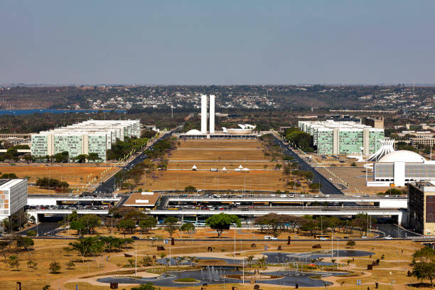 Brasilia downtown cityscape, Brazil. The Federal District from above, from the TV Tower, the National Congress, the Esplanada dos Ministérios, the South and North wings, and Lake Paranoá.