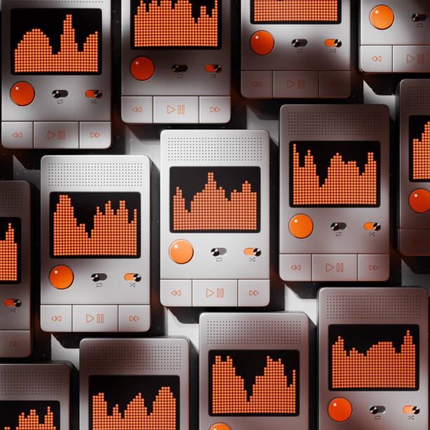 3D rendered mock-up of a concept of a modern digital music player featuring an interactive orange equalizer display. The device has a minimalistic design with a clean interface, control buttons, and a monochrome color palette accented by vibrant orange details.