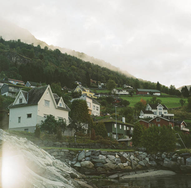 Houses sitting on the hillside in a small Norwegian town.