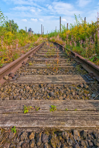 istock Overgrown rails at abandoned industrial area 2177953012