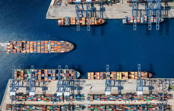 istock Aerial top down view of a large container cargo ship terminal harbor 2177953102
