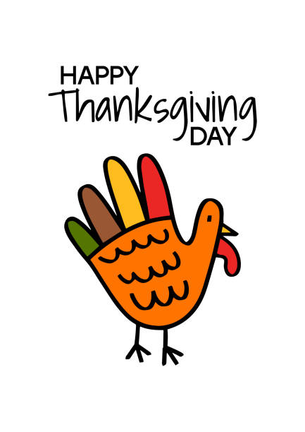 Happy Thanksgiving Day drawing of child hand turkey. Thanksgiving hand drawn vector white background, greeting card, poster, banner, cover, template