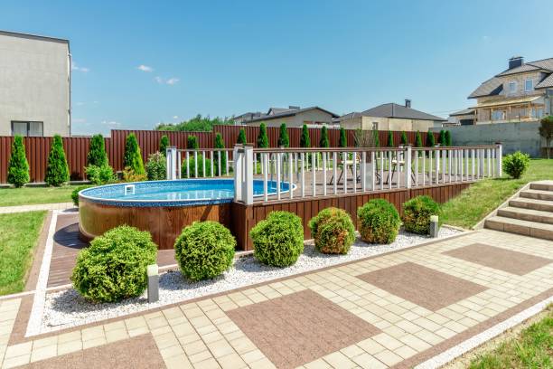 istock Cozy Backyard with Elevated Pool and Green Garden 2177960804