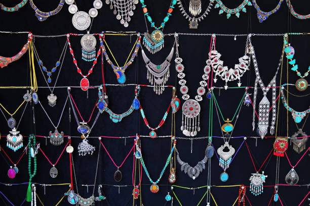 Traditional silver jewelry for sale. Colorful traditional uzbek beads and silver accessories in the bazaar. Bukhara, Uzbekistan
