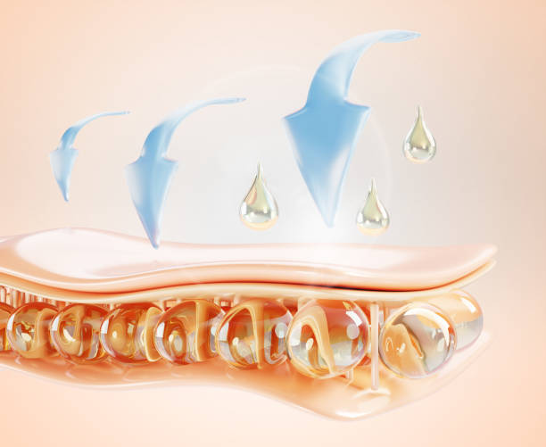 istock 3d skin cell layer with gold oil drop, collagen serum. Epidermis fat tissue render with liquid essence droplet and blue infographic arrow. Innovation cosmetic skincare solution banner 2177970549