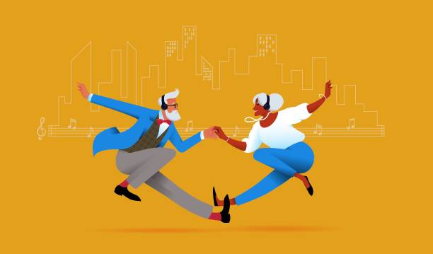 Senior couple dancing vector illustration Senior couple dancing. Retirement, love. leisure concept. Vector illustration. old man smiling stock illustrations
