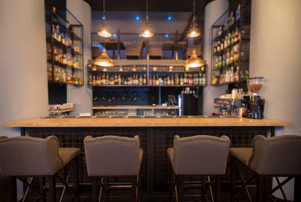 istock Different beverages on bar counter in modern cafe, online bar 2177971240