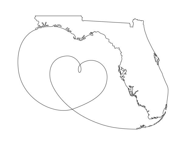 Continuous Line Drawing of Florida with a Heart and Editable Stroke Continuous line drawing style illustration of the US state of Florida with a heart. Florida patriotism concept, Florida strong, hurricane and disaster recovery. Editable stroke for easy editing and copy space for text. hurricane milton stock illustrations