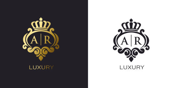 Gold and black monogram crown logo for luxury branding identity A luxurious monogram with crown in gold and black, symbolizing royalty, elegance, and exclusivity for premium branding. black family crest stock illustrations
