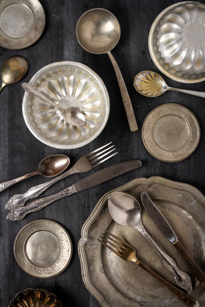 istock Vintage pewter plates, bowls and cutlery 2177976562