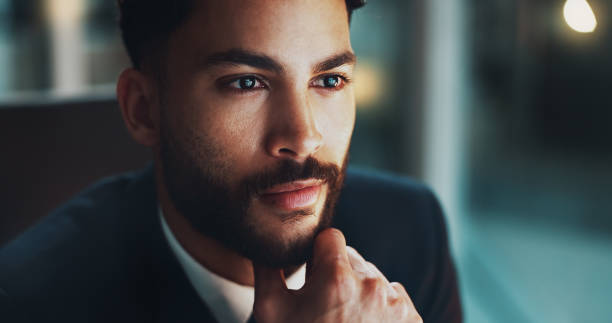 istock Night, thinking and man in office with confidence, business plan and brainstorming ideas at digital agency. Opportunity, overtime and face of businessman with reflection, inspiration and working late 2177979142