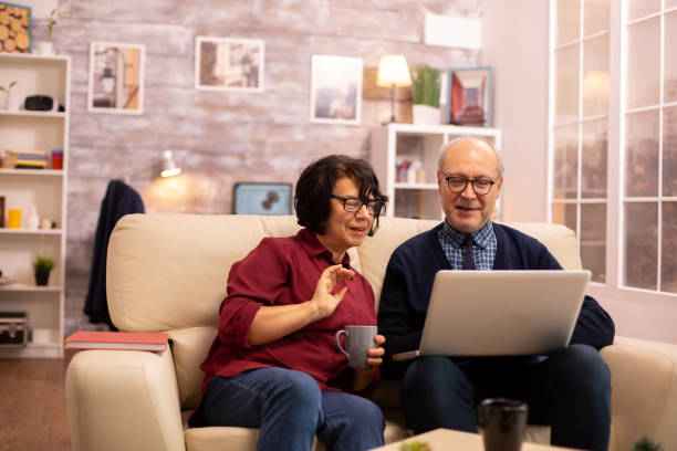 istock Elderly old couple using modern laptop to chat with their grandson 2177979836