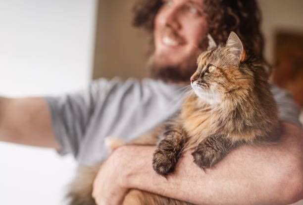 A happy man is looking out the window together with a cat.