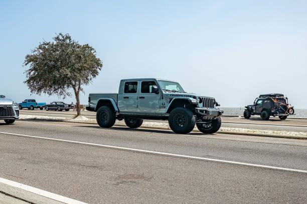 Gulfport, MS - October 04, 2023: Wide angle  front corner view of a 2020 Jeep Gladiator Rubicon Pickup Truck at a local car show.