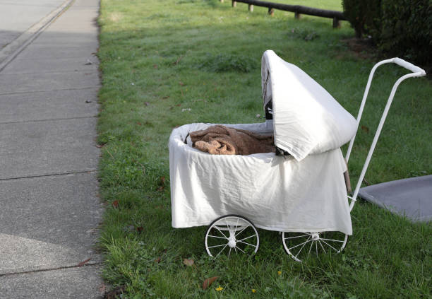 An old baby stroller with white cloth is left on a grassy area in Metro Vancouver. Autumn morning.