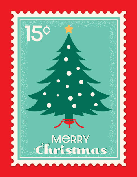 istock Cute Retro Christmas Tree Postage Stamp In Traditional Holiday Colors 2177986808